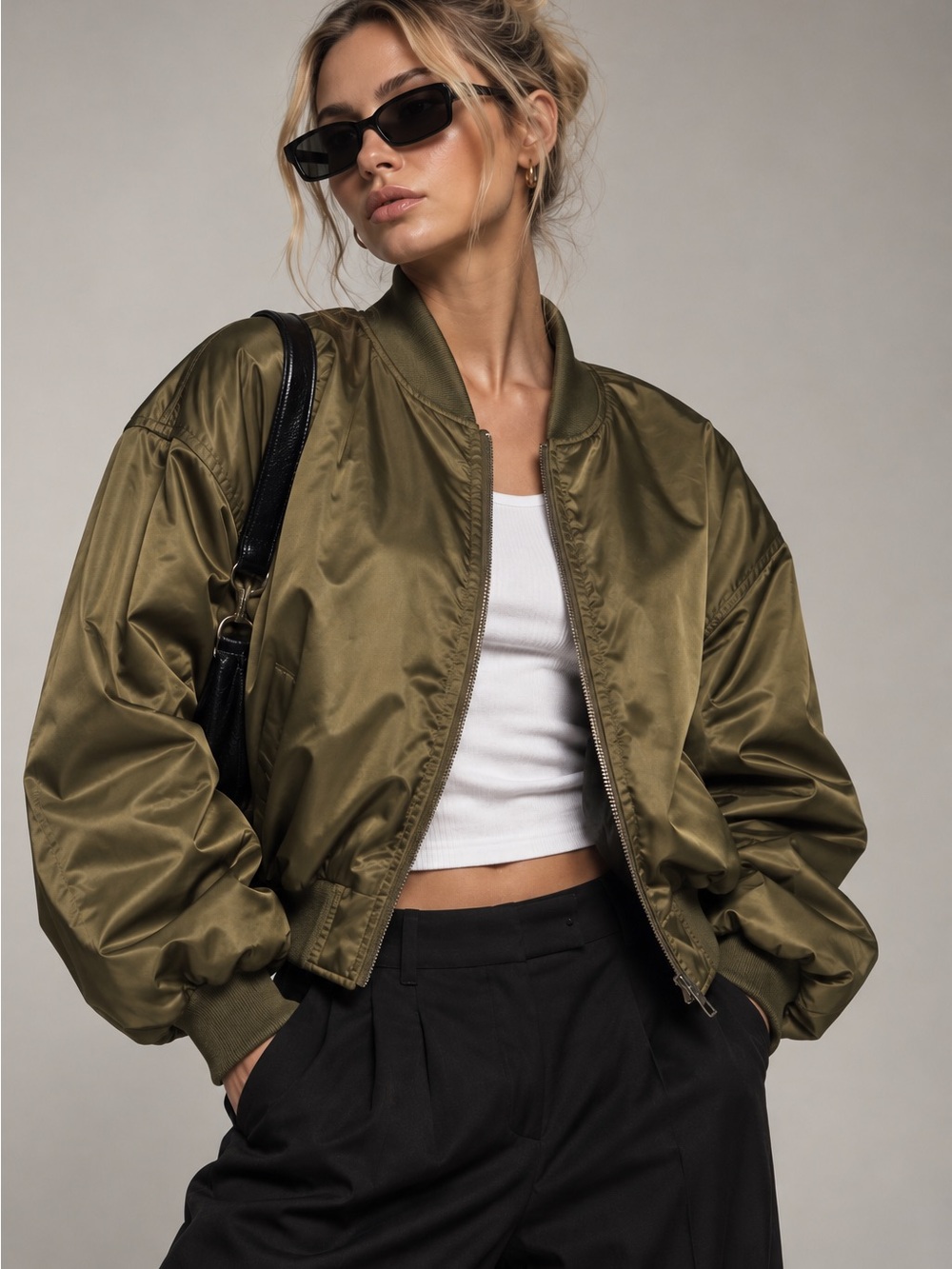 Ci Sono Olive Green Satin Bomber Jacket